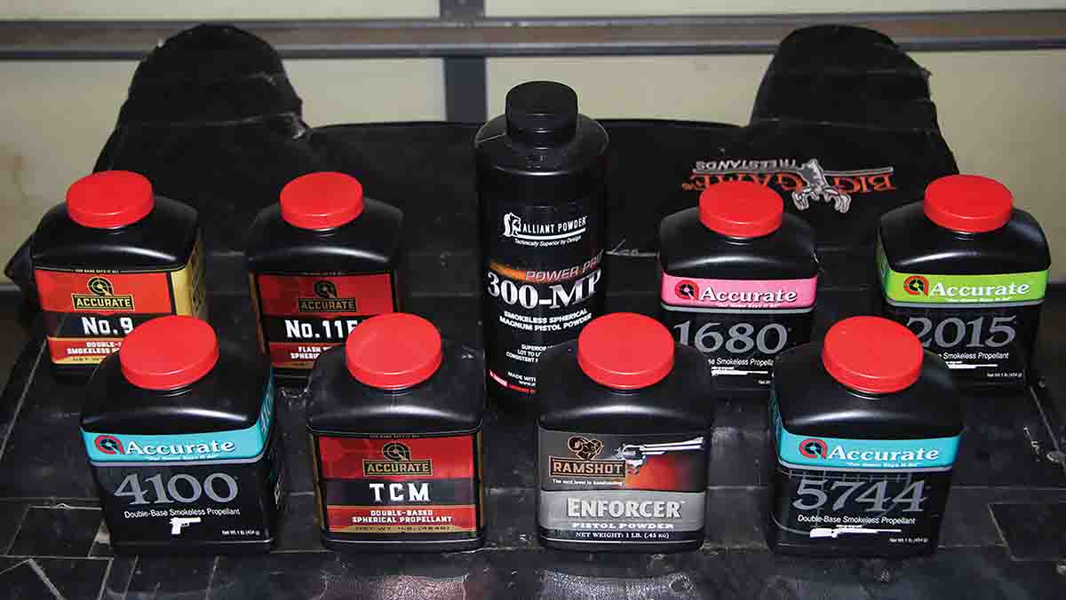 Nine powders were used for .22 K-Hornet pistol loads, including Accurate No. 9 and No. 11FS, Alliant Powder Pro 300-MP,  Accurate 1680, 2015, 4100, TCM, Ramshot Enforcer and Accurate 5744.